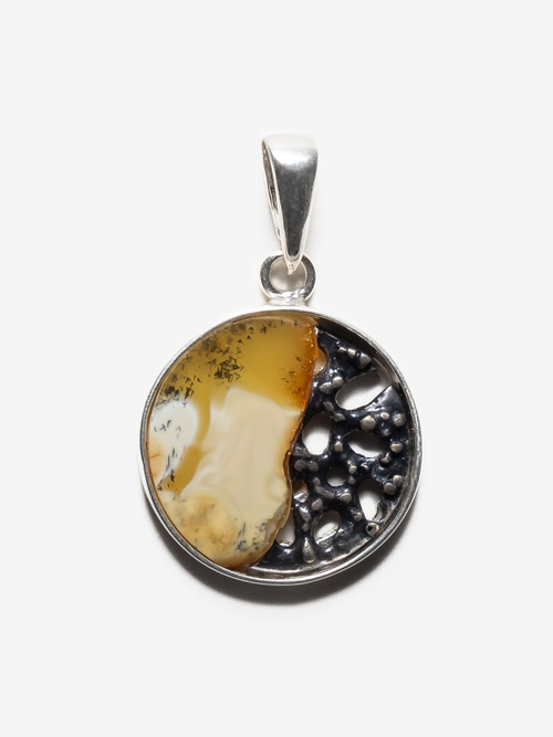 Уникальный серебряный кулон с цельным пейзажным янтарем, серебро 925 пробы