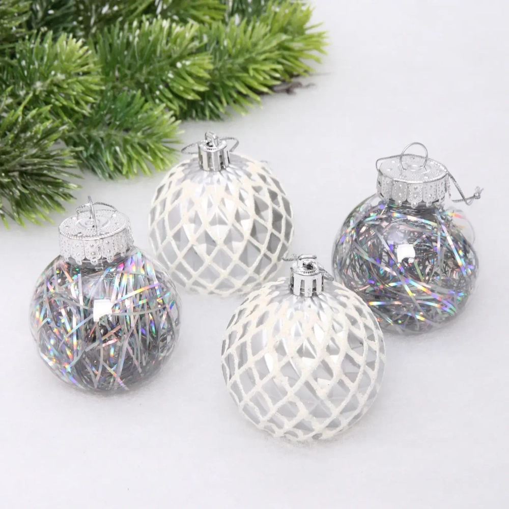 Новогодние шары 6 см (набор 4 шт) «Яркая метель», серебро/белый