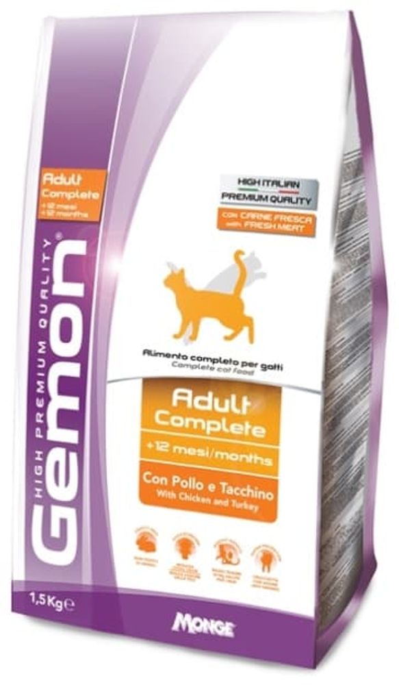 Сухой корм Gemon Cat Adult complete для взрослых кошек с курицей и индейкой, пакет 1,5 кг Сухой корм Gemon Cat Adult complete для взрослых кошек с курицей и индейкой, пакет 1,5 кг