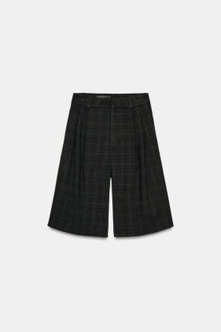 ZARA ДЛИННЫЕ ШОРТЫ-БЕРМУДЫ В КЛЕТКУ СО СКЛАДКАМИ, СЕРЫЙ МЕЛАНЖ