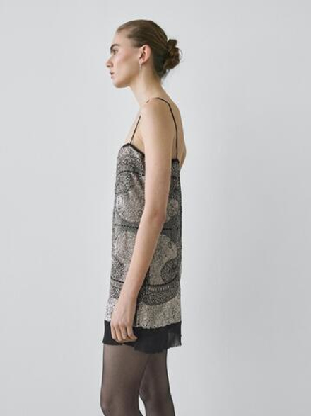 Massimo Dutti Короткое платье с вышивкой - STUDIO, серебряный