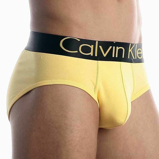 Мужские трусы брифы жёлтые с чёрной резинкой и жёлтыми буквами Calvin Klein Steel Black Waistband Yellow модал