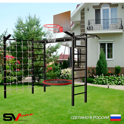 Уличная шведская стенка Sv Sport рукоход с комплектом турник прямой У5215К (Турник/Гнездо 80см/Щит баскет/Кронш бокс/Сетка)