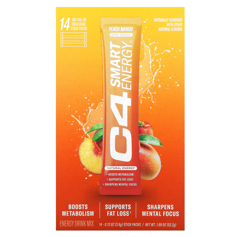 Cellucor, C4 Smart Energy, смесь для приготовления энергетического напитка, со вкусом персика и манго, 14 стик-пакетов по 3,8 г (0,13 унции)