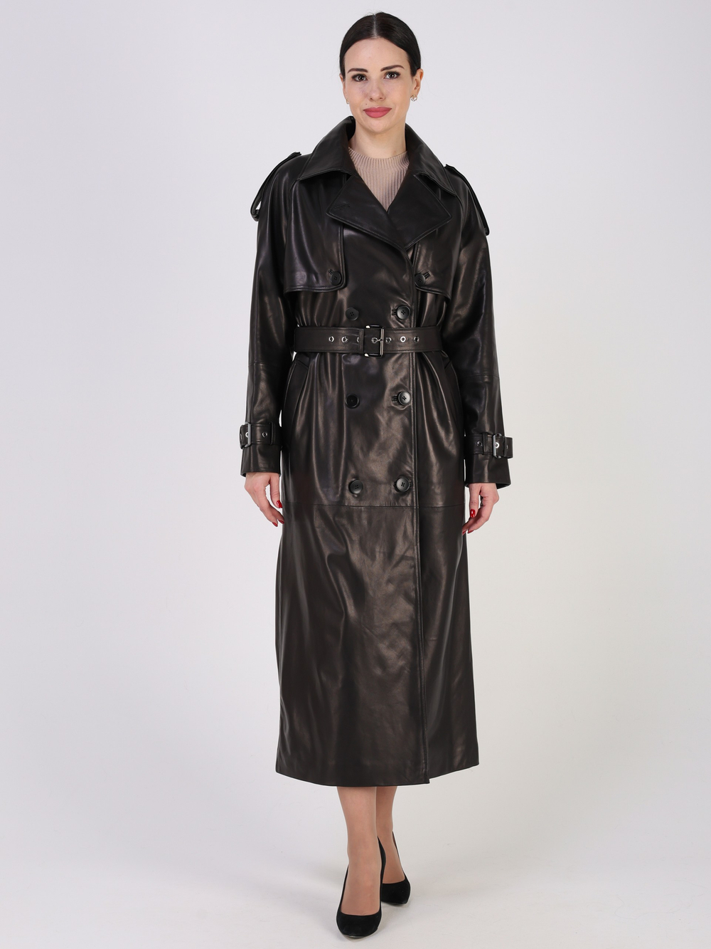 Тренч длинный кожаный с поясом плащ