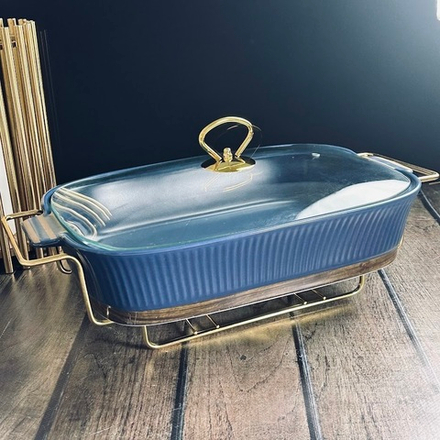 Lenardi 133-400 Прямоугольный сервировочный мармит 38см(2,7л) с крышкой на под-ке WOOD в под.уп.(х4)Фарфор