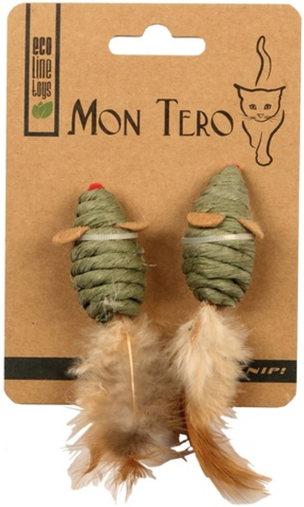 MON TERO ECO Игрушка для кошек, Мышь с перьями и кошачьей мятой, зеленая, 7.6 см, 2 шт