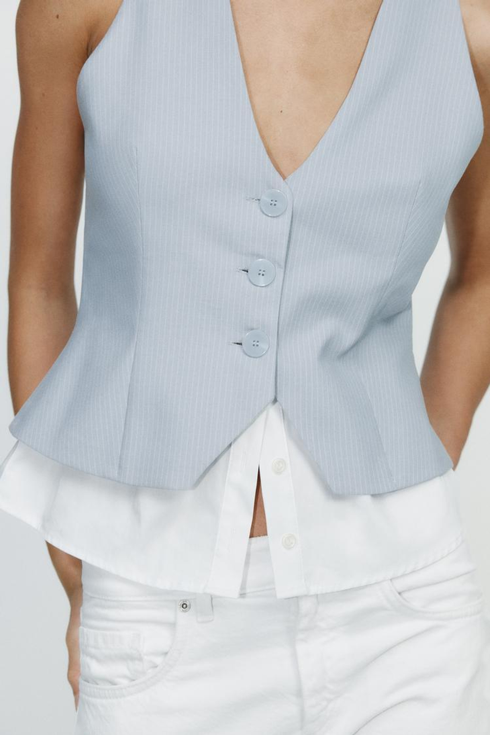 ZARA КОМБИНИРОВАННЫЙ ТОП В ПОЛОСКУ, СЕРО-СИНИЙ