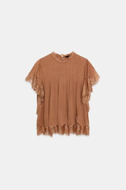 ZARA КРУЖЕВНОЙ ТОП С ВОЛАНАМИ — ZW COLLECTION, ЧЕРЕПИЧНЫЙ