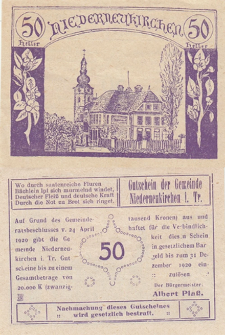 Австрия 50 геллеров 1920 Нидернойкирхен aUNC
