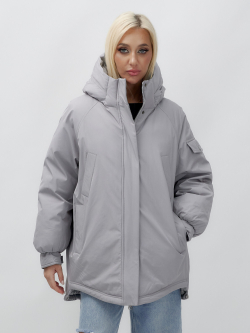 Куртка летучая мышь женская с капюшоном зимняя серого цвета 9630Sr