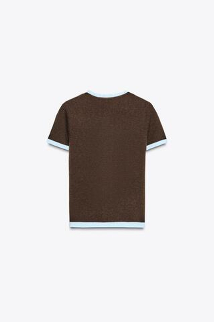 ZARA КОМБИНИРОВАННЫЙ ТРИКОТАЖНЫЙ КАРДИГАН С КОРОТКИМИ РУКАВАМИ, КОРИЧНЕВЫЙ
