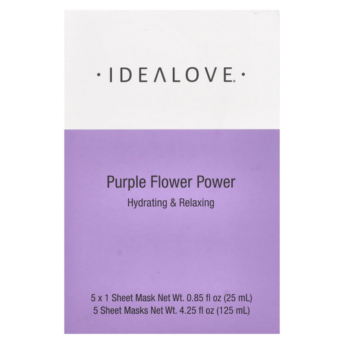 Idealove, Purple Flower Power, 5 тканевых косметических масок, 25 мл (0,85 жидк. унции) каждая