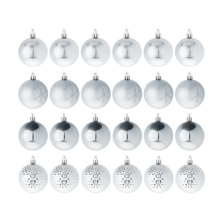 Набор шаров 24шт 6см серебро (глянец: 12шт, матовые: 6шт, глиттер: 6шт) JNPM25-02-S
