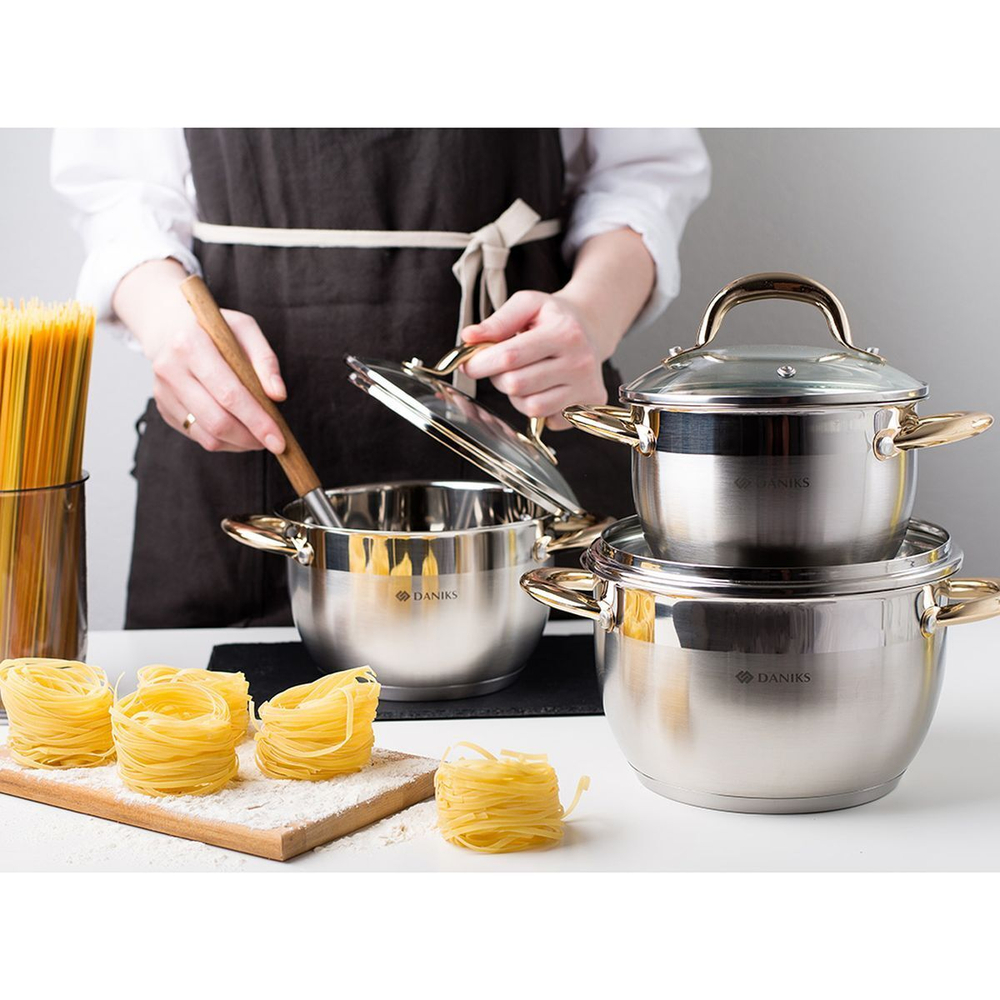 Кастрюля нерж, 4.3 л, с крыш, Daniks, Мадрид Gold, SD-322G, индукц