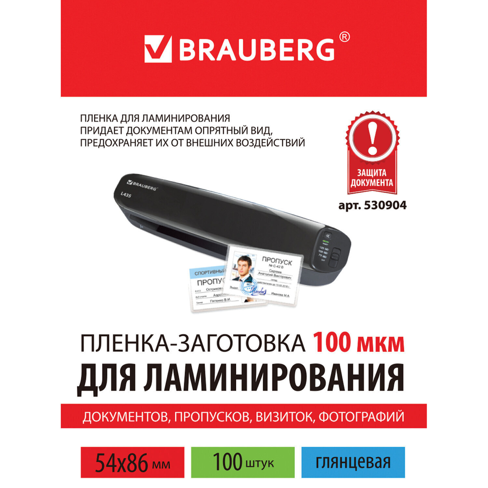 Пленки-заготовки для ламинирования формат малый (54х86 мм) комплект 100 шт. 100 мкм BRAUBERG (6 штук в упаковке)