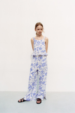 ZARA БРЮКИ ПРЯМОГО КРОЯ ИЗ СМЕСОВОГО ЛЬНА С ПРИНТОМ, ЭКРЮ/СИНИЙ