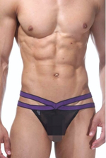 Мужские трусы-стринги на контрастной двойной резинке (Размер: S-M) (Цвет: черный с фиолетовым)