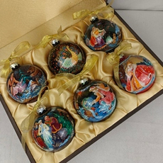 Сувенирный набор из 6-ти коллекционных ёлочных шаров " Сказки" с ручной росписью Палех