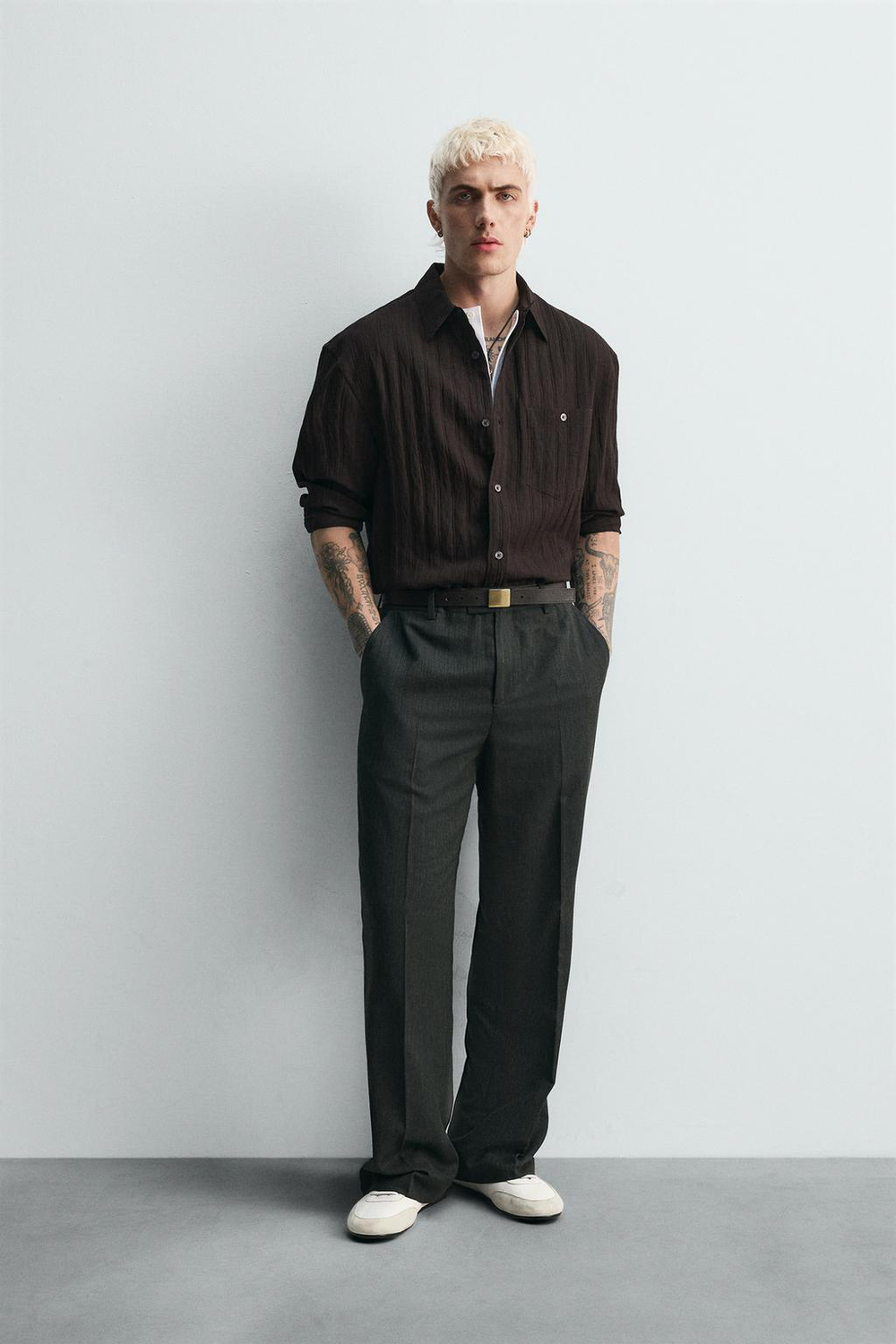 ZARA ЖАККАРДОВАЯ РУБАШКА В ПОЛОСКУ, КОРИЧНЕВЫЙ