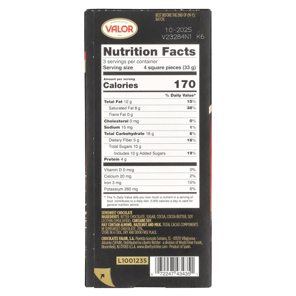 Valor, Насыщенный темный шоколад, 70% какао, 100 г (3,5 унции)