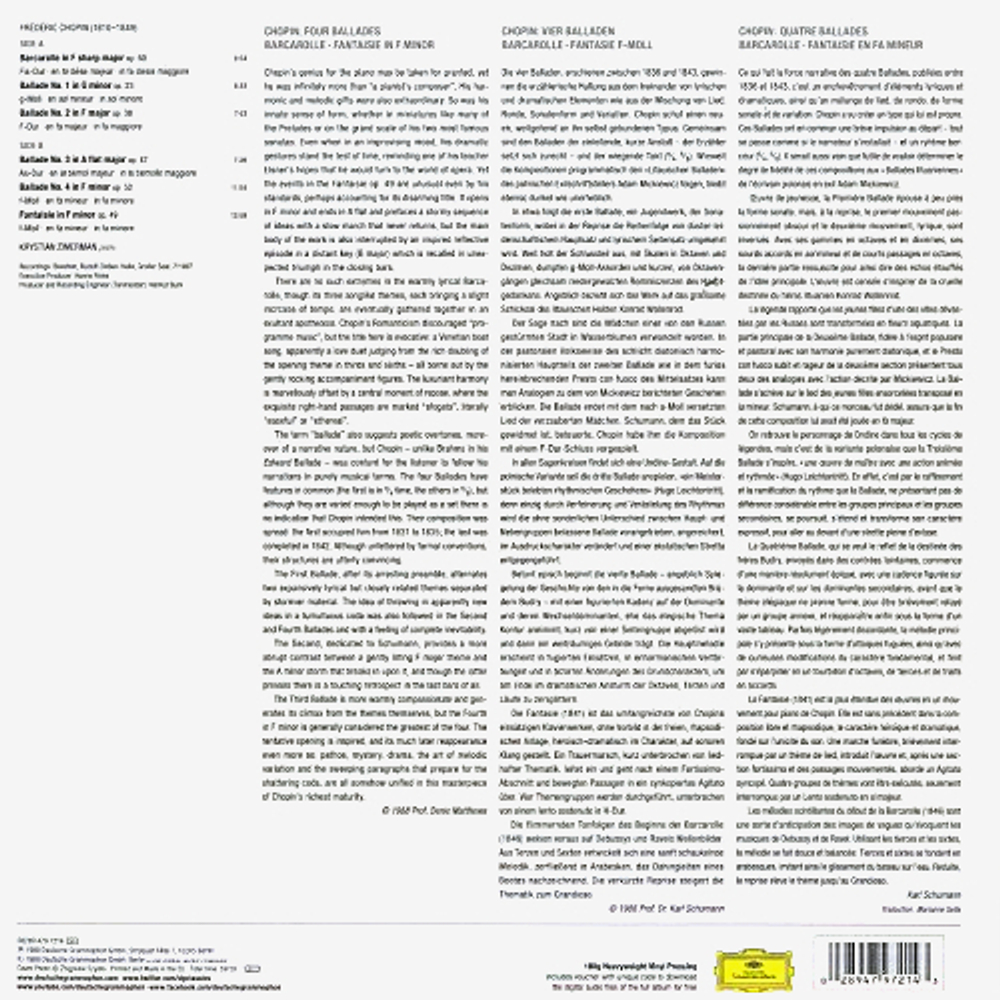 Krystian Zimerman / Chopin: 4 Ballads, Barcarolle, Fantaisie (LP)