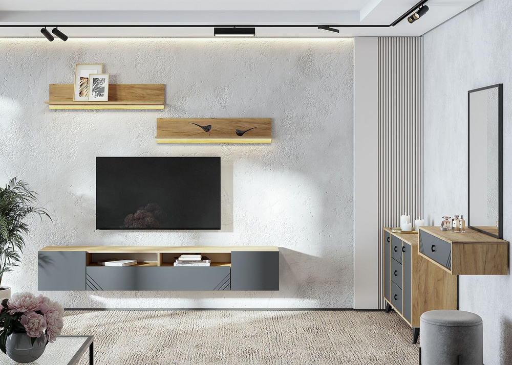 Модульная стенка в гостиную 2 полки+тумба под тв Дуб Золотой/Белый 200х34х35 см