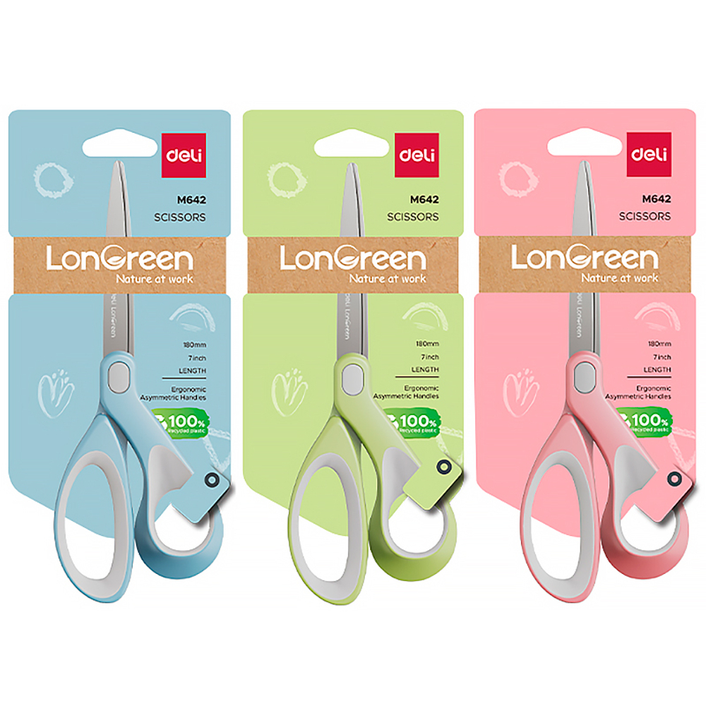Ножницы DELI "LonGreen", 180 мм, нержавеющая сталь, пластиковые ручки, ассорти
