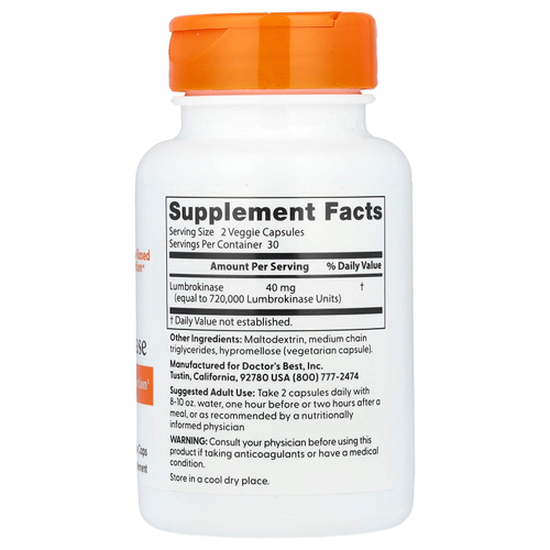 Doctor's Best, люмброкиназа, 60 растительных капсул (20 мг в 1 капсуле)