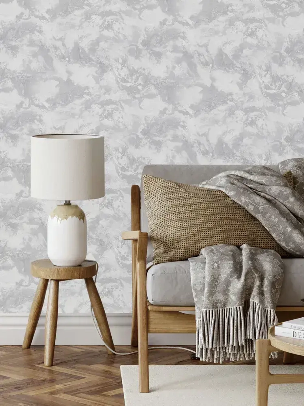 Обои флизелиновые, штукатурка бело-серая перламутровая, метровые, для гостиной, Мальдивы (VILIA, 1796-21)