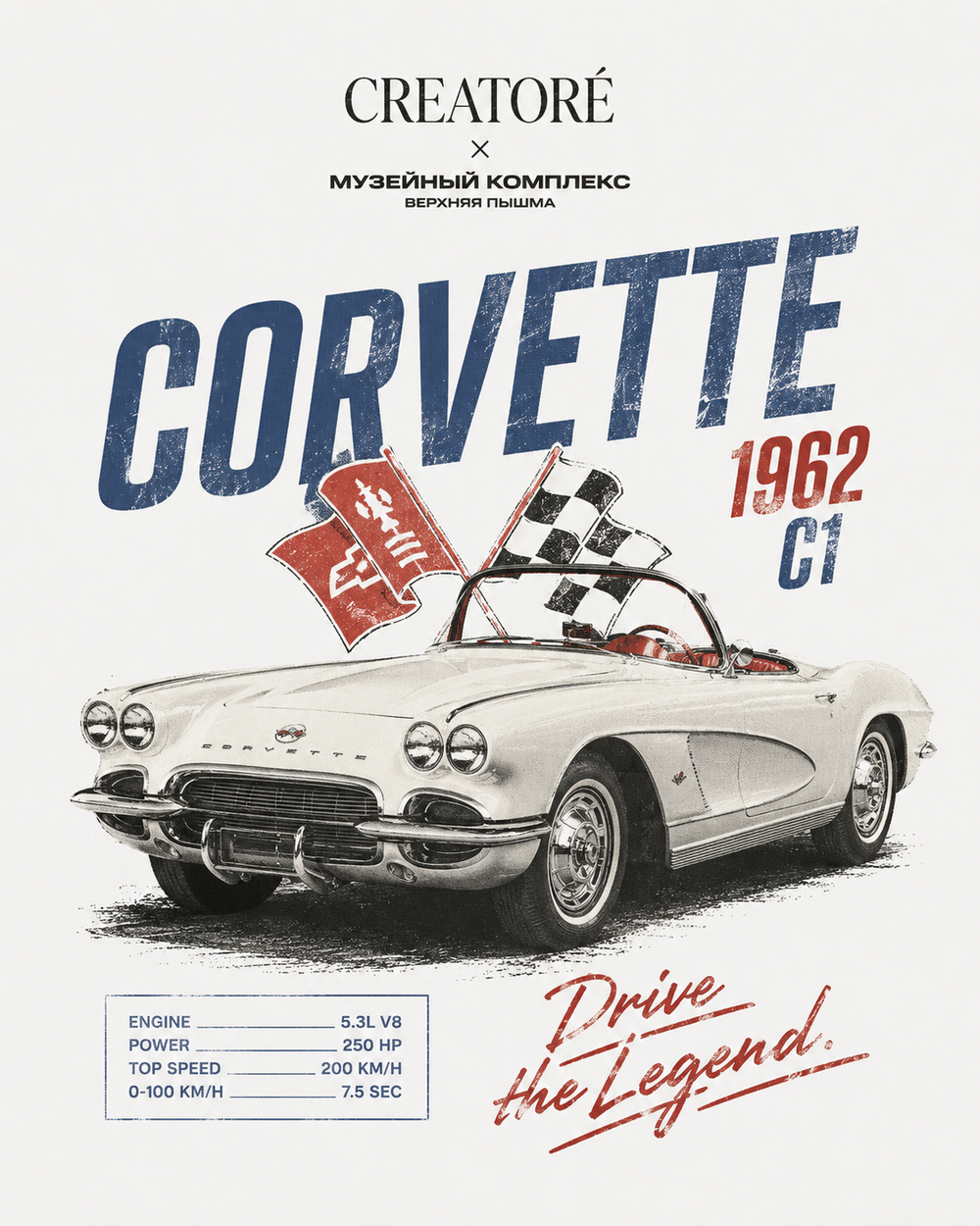 Футболка ретро Chevrolet Corvette C1, 1962