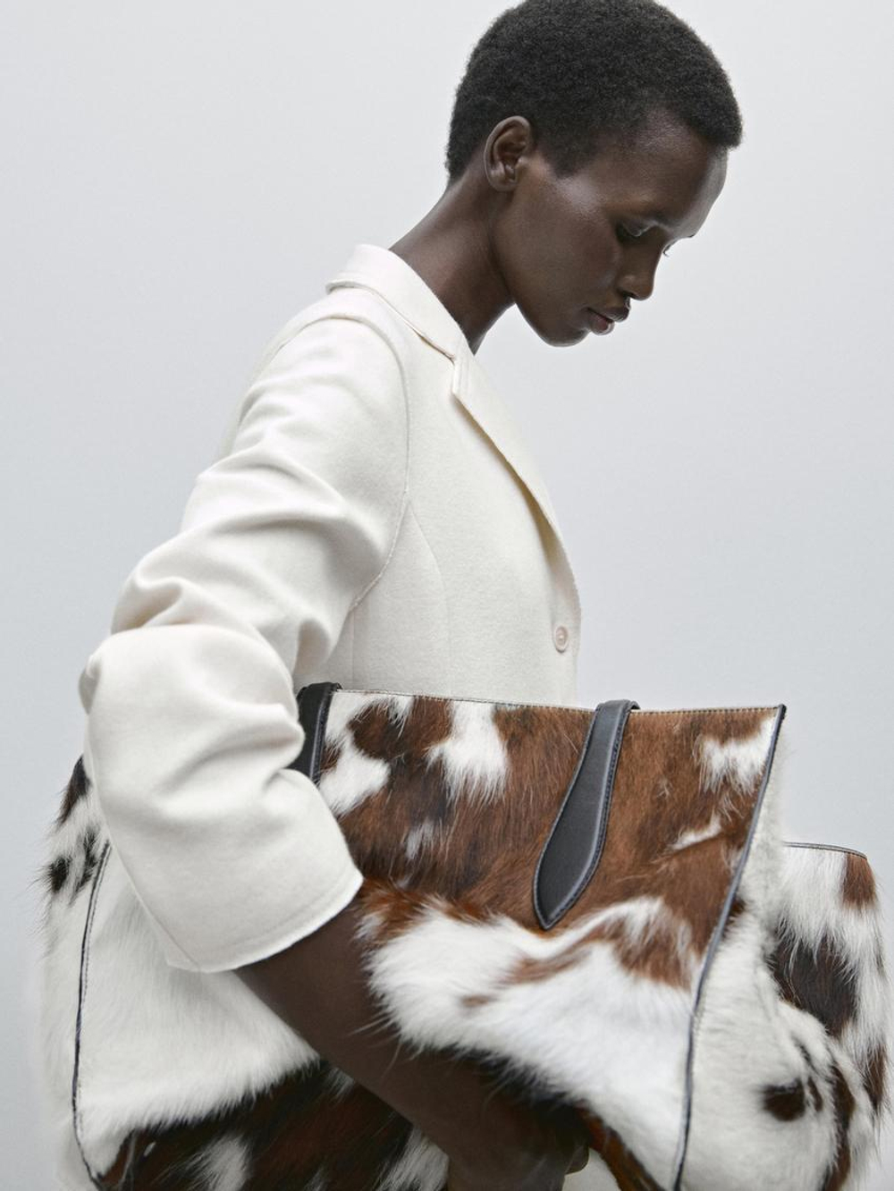 Massimo Dutti Большая кожаная сумка-шопер с принтом, белый