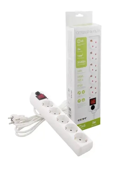 Сетевой фильтр с предохранителем 3м 5 розеток СТАРТ удлинитель бытовой с заземлением, защита от перегрузки и короткого замыкания