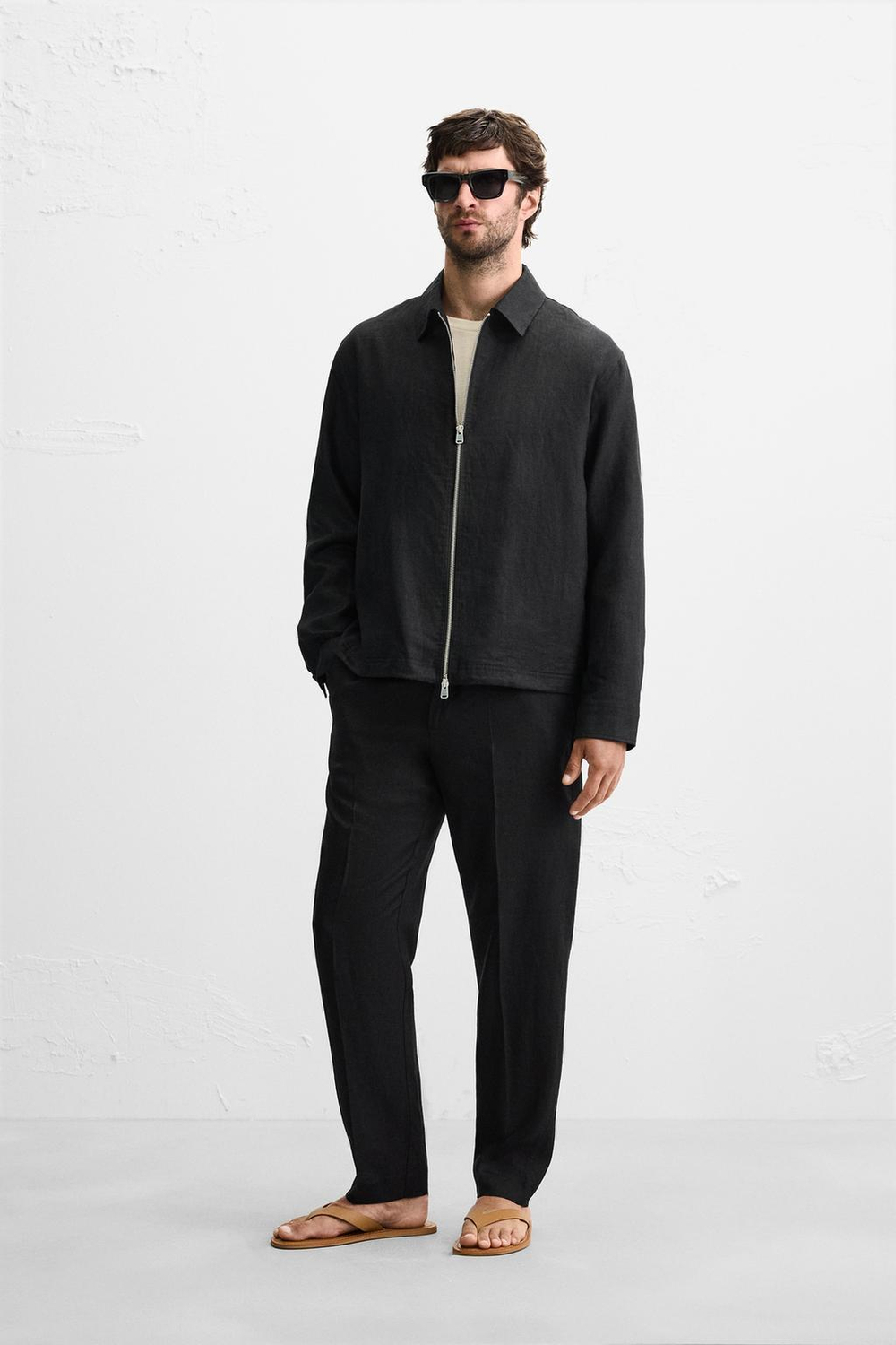 ZARA КУРТКА-РУБАШКА ИЗ 100% ЛЬНА, ЧЕРНЫЙ