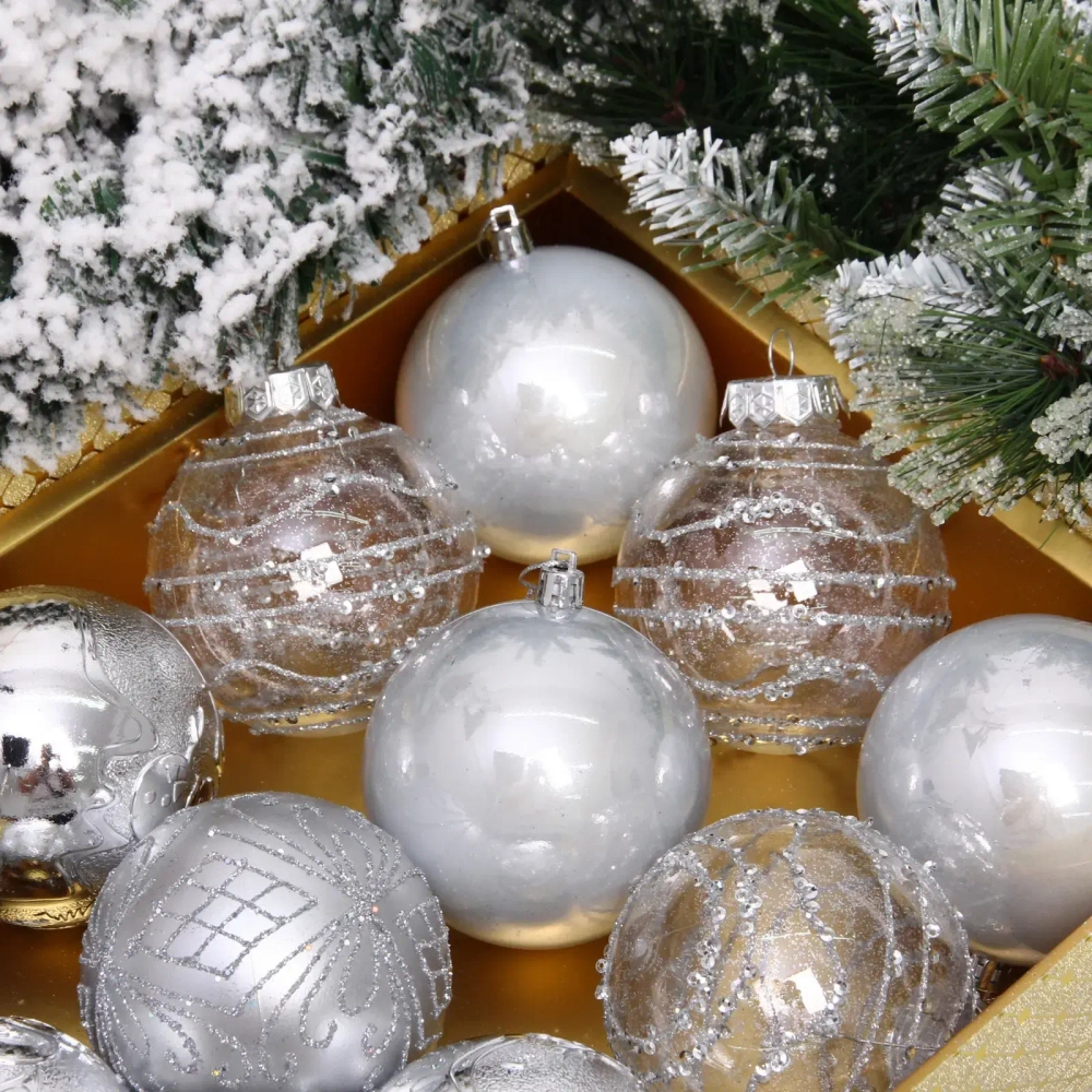 Новогодние шары «Волшебство ночи» 8 см (набор 12 шт), Серебро