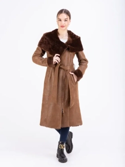 Дубленка женская натуральная длинная с капюшоном Турция