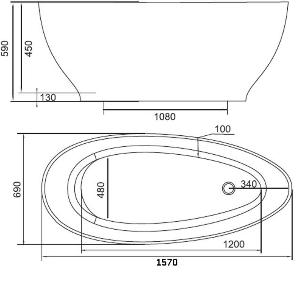 Ванна из литьевого мрамора Castone Адель 158x70 схема