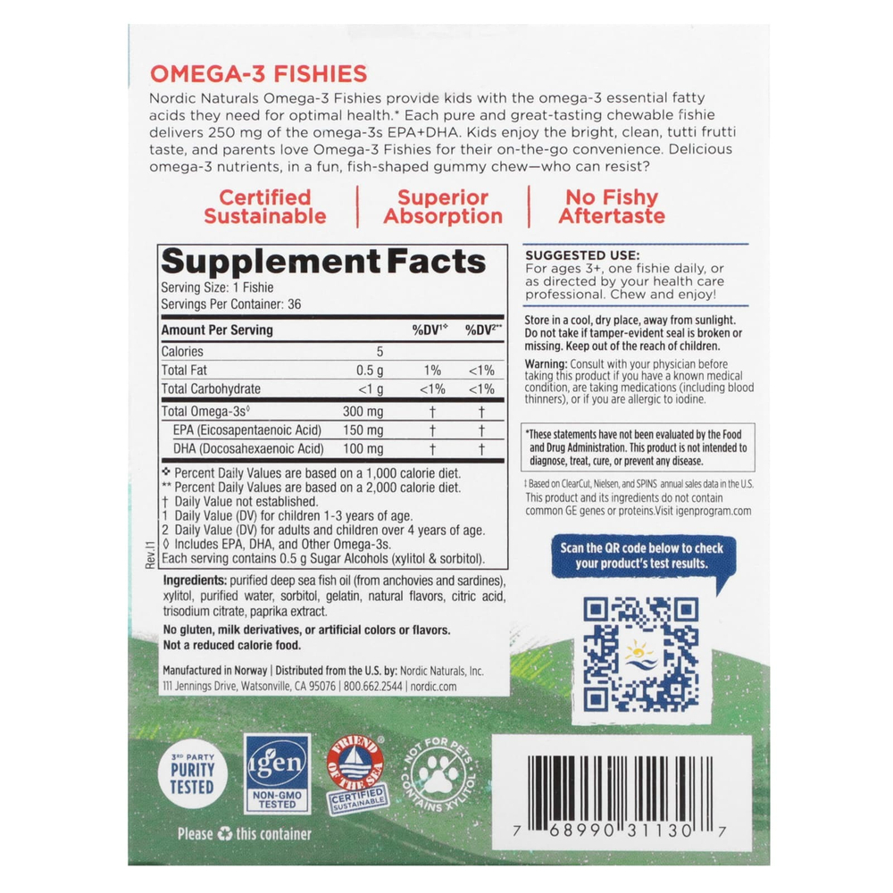 Nordic Naturals, рыбки с омега-3, без сахара, для детей от 3 лет, тутти фрутти, 300 мг, 36 рыбок