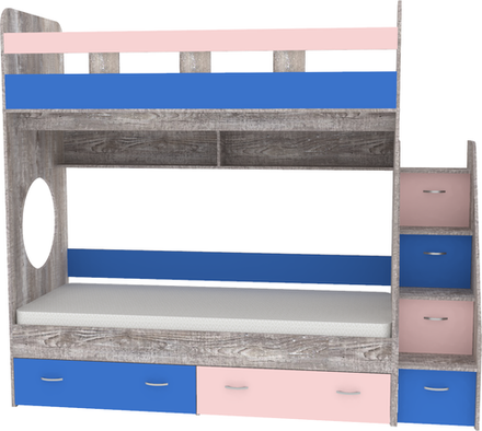 Двухъярусная кровать КарИВи Юниор 1 90х200 Бетон Голубой, Розовый