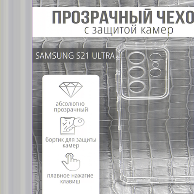 Чехол прозрачный с защитой камеры для Samsung Galaxy S21 Ultra, 013168