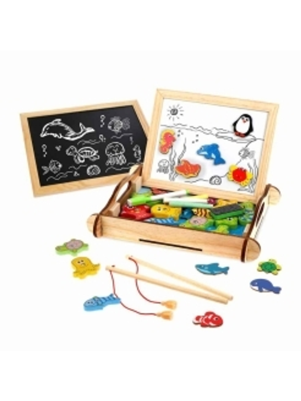 76842/Бизи-чемоданчик "Рыбалка": доска для рисования, меловая доска, магнитные фигурки и фигурки для