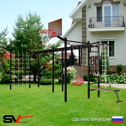 Уличная шведская стенка Sv Sport рукоход х 2 с комплектом турник прямой 2шт У54277К (Турник/Брусья/Скамья/Со спинкой/Щит баскет/Кронш бокс/Канат/кольца/лестница/Сетка)