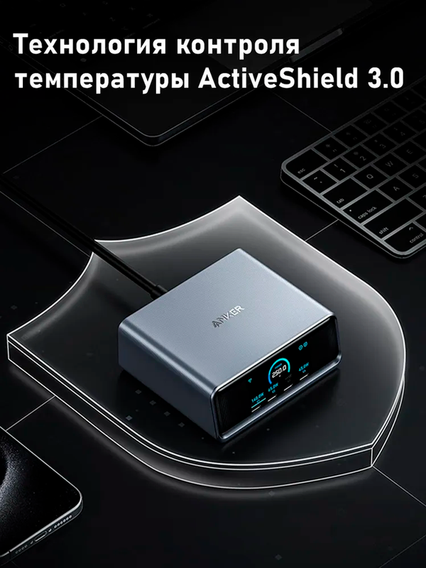 Сетевая зарядная станция Anker Prime GaN 250W, USB-C, ультрабыстрая 6-портовая зарядная станция Серая