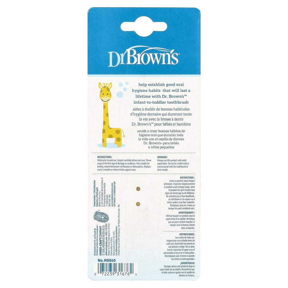 Dr. Brown's, зубная щетка для малышей от 0 до 3 лет, желтая, жираф, 1 шт.