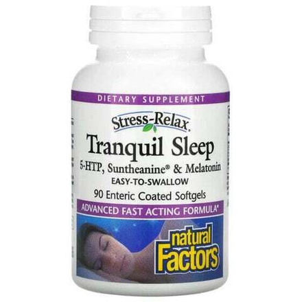 Для здорового сна Natural Factors, Stress-Relax, спокойный сон, 90 мягких желатиновых капсул с кишечнорастворимой оболочкой