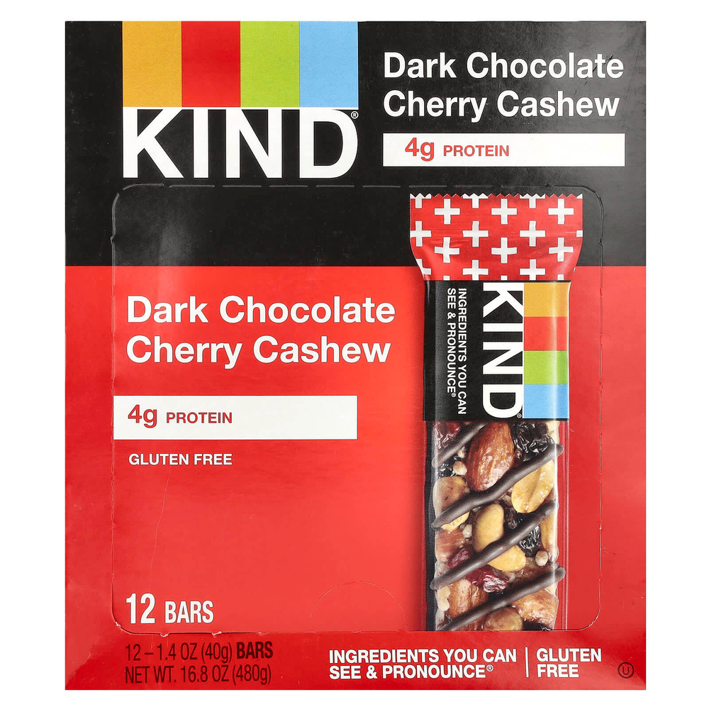 KIND Bars, Kind Plus, темный шоколад, вишня, кешью и антиоксиданты, 12 батончиков по 40 г (1,4 унции)