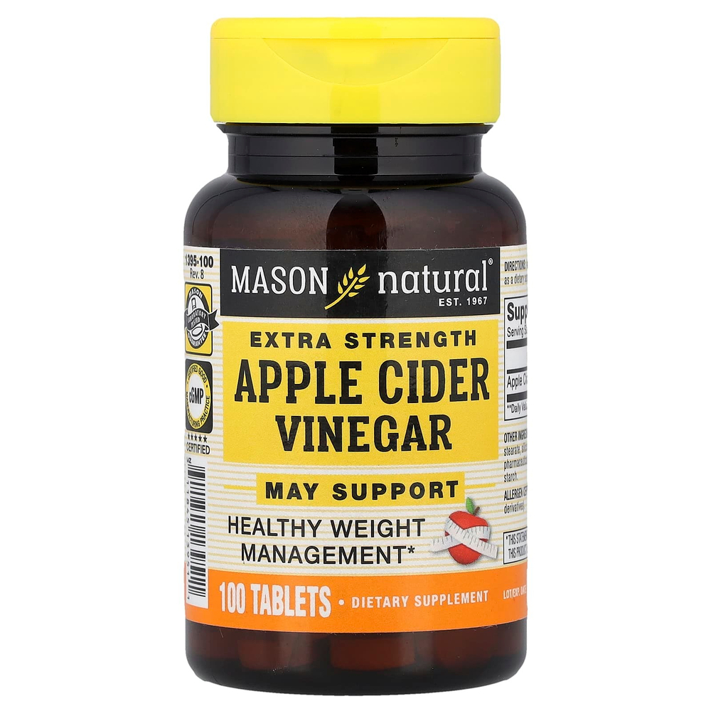 Mason Natural, яблочный уксус, с повышенной силой действия, 100 таблеток (500 мг в 1 таблетке)