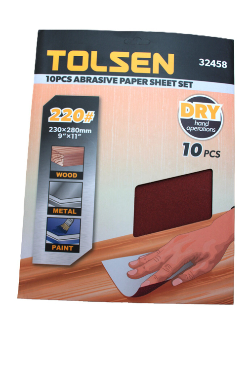Шлифлист на бумажной основе TOLSEN P220 оксид алюминия 230х280мм 10шт. 32458
