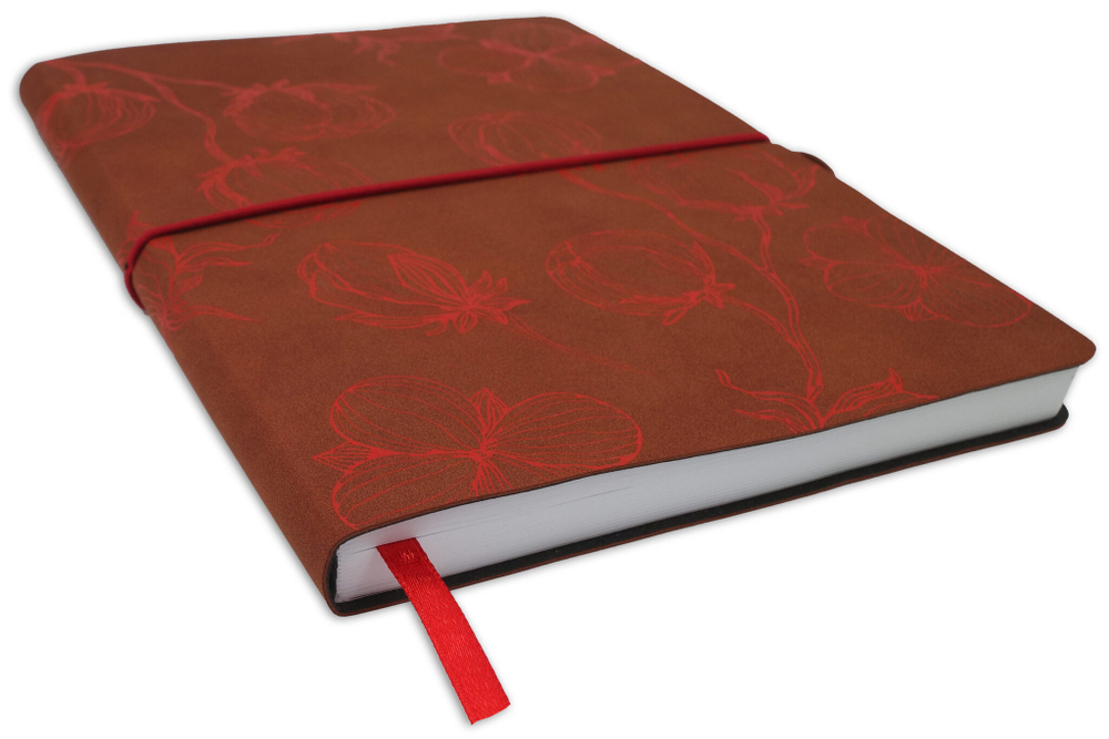 НОВИНКА! Блокнот "Cotton" в клетку А5 128 листов, гибкая обложка из бархатистой экокожи нубук  (цвет коричневый) с тиснением рисунка красной матовой фольгой