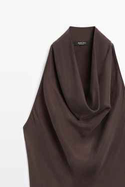 Massimo Dutti Длинное платье с драпированным вырезом, коричневый